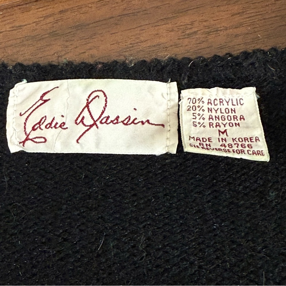 Eddie Dassin Vintage Black Angora Sweater Beaded V-Neck 80s Glam Medium - Picture 6 of 8